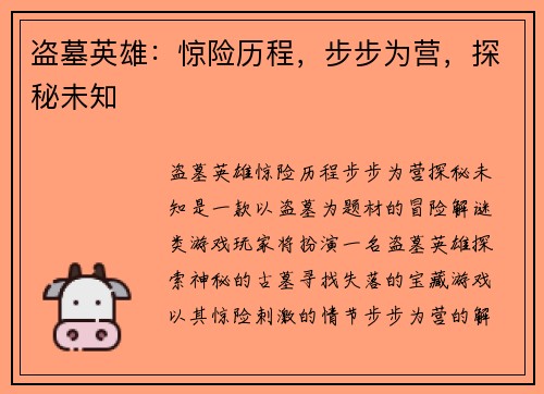 盗墓英雄:惊险历程,步步为营,探秘未知 盗墓英雄:惊险历程,步步为营,探秘未知